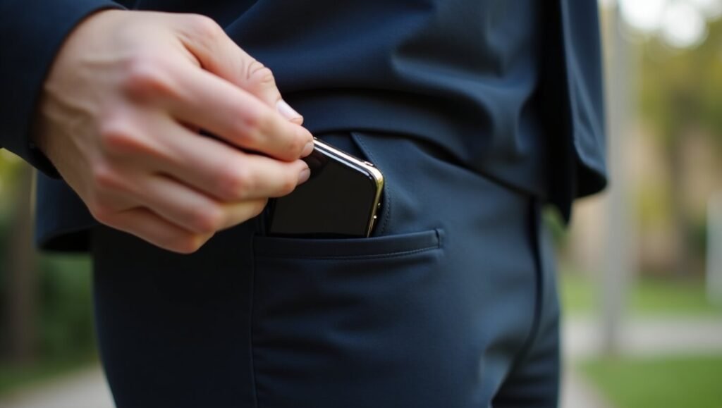 Folded smartphone slipping into pocket.