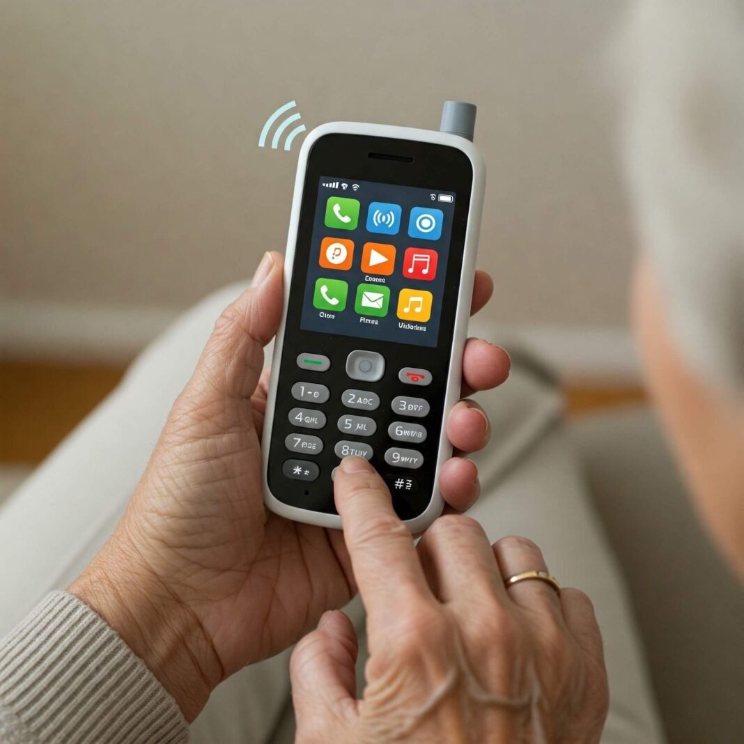 Senior using simple phone with large buttons.