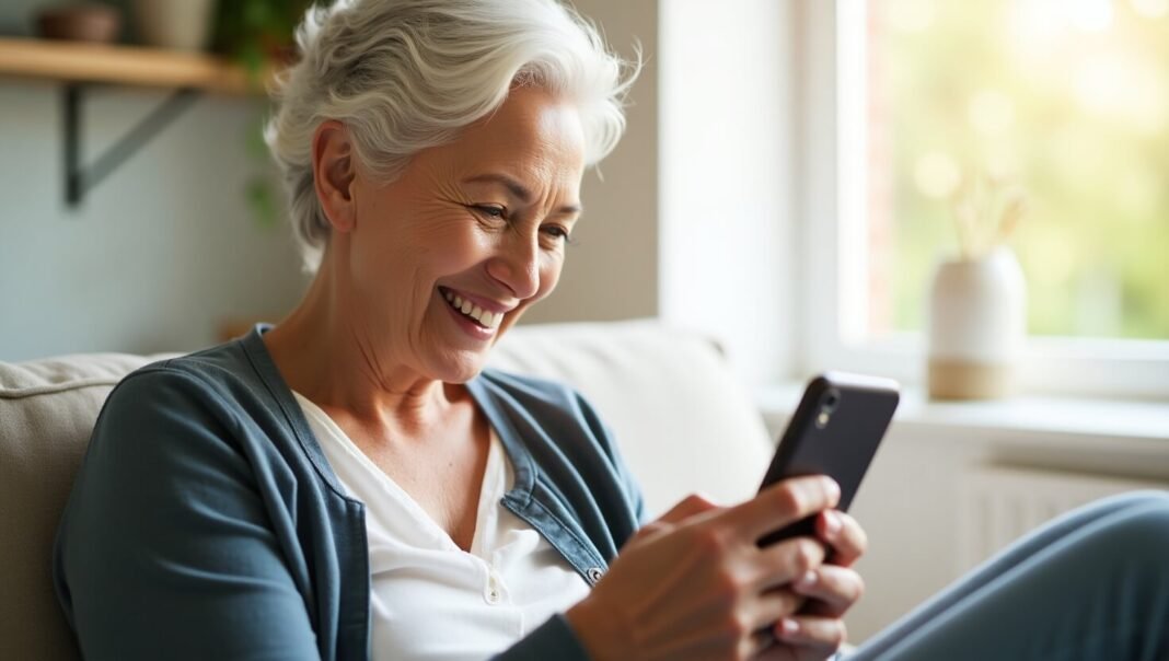 Senior smiling using lightweight smartphone.