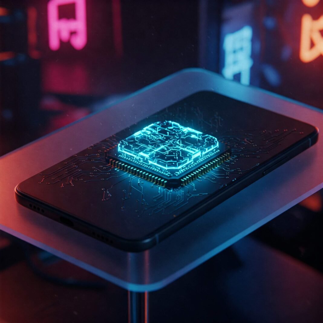 Glowing futuristic chip integrated into a smartphone