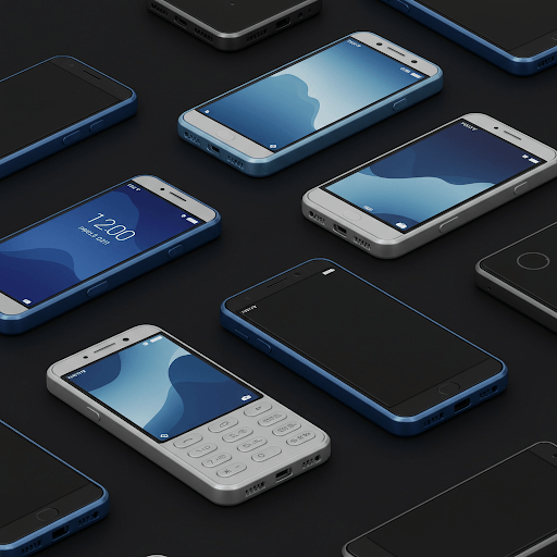 Mini Android phones arranged on a sleek surface, showcasing compact design and vibrant screens