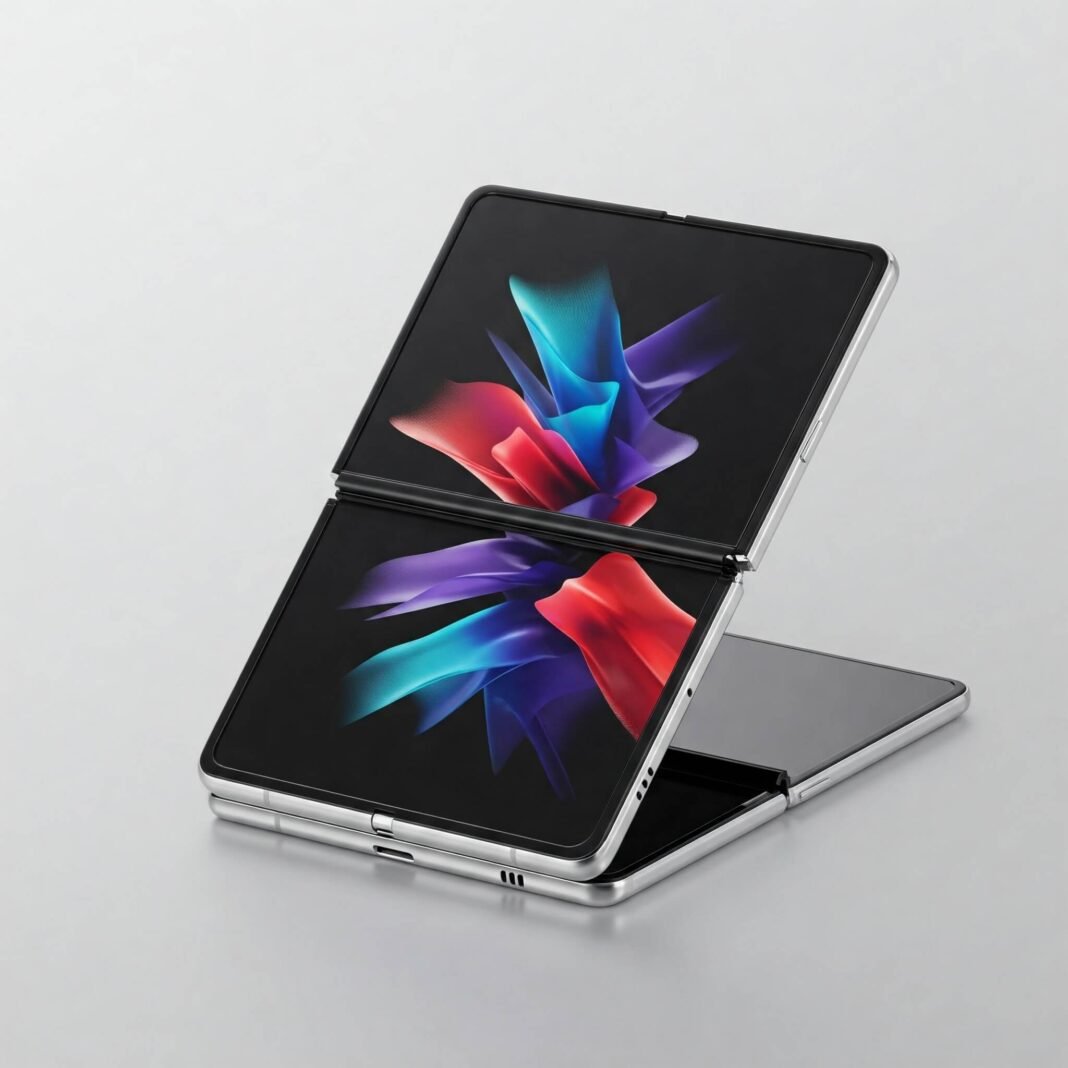 Black Samsung Galaxy Z Fold5, partially unfolded