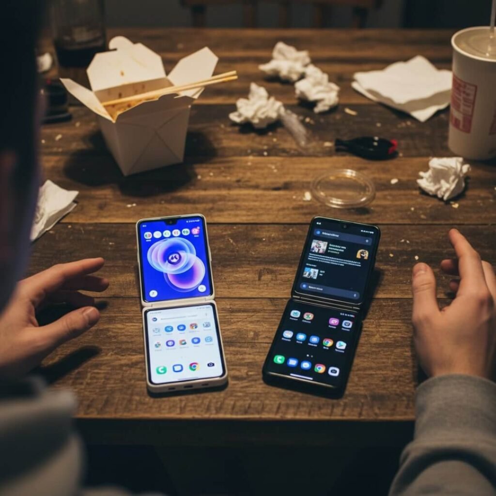 "My real-life comparison setup for Motorola Razr vs Galaxy Z Flip 2025—complete with my chaotic dinner mess.