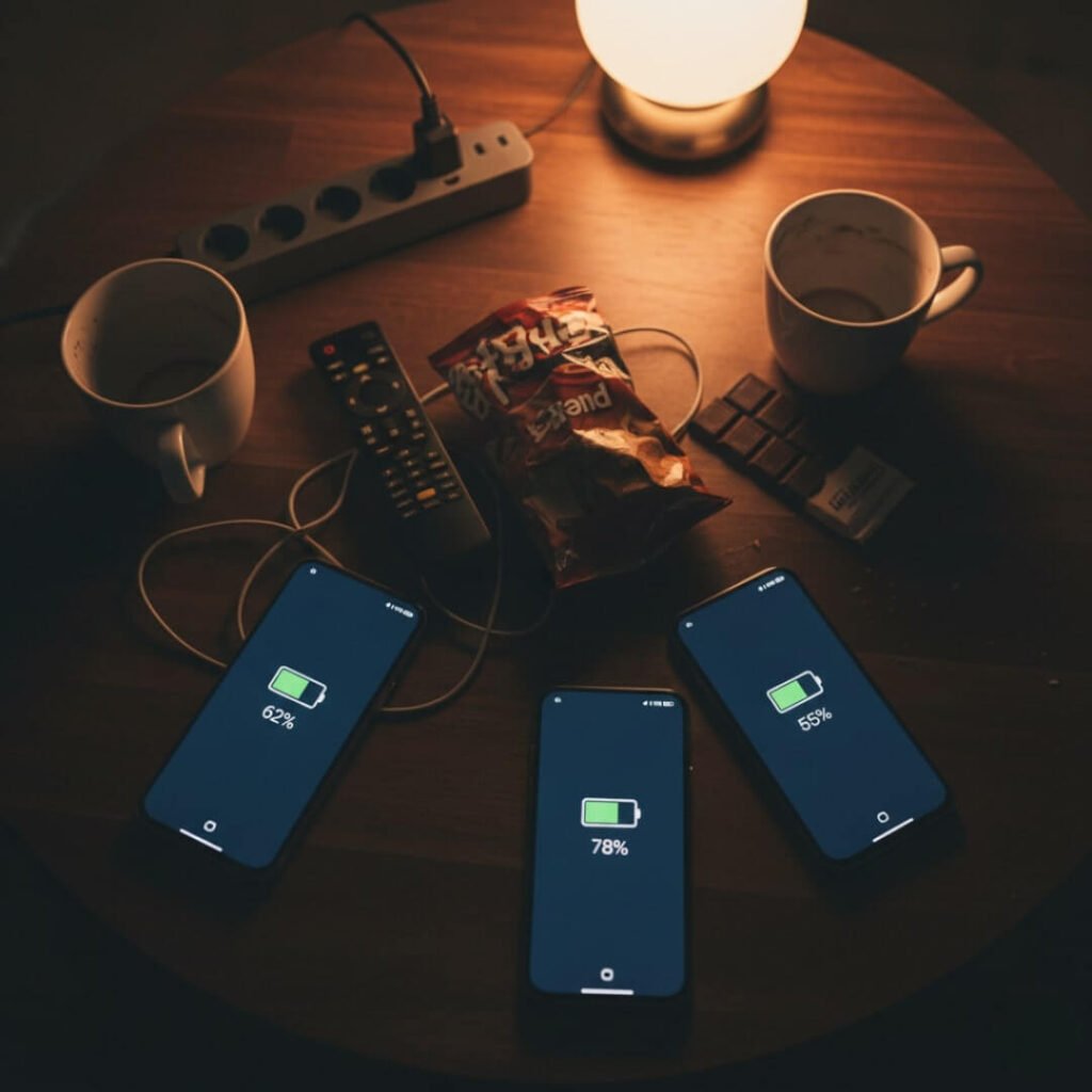 Unusual overhead shot of my coffee table chaos with multiple test phones all above 50% late at night,