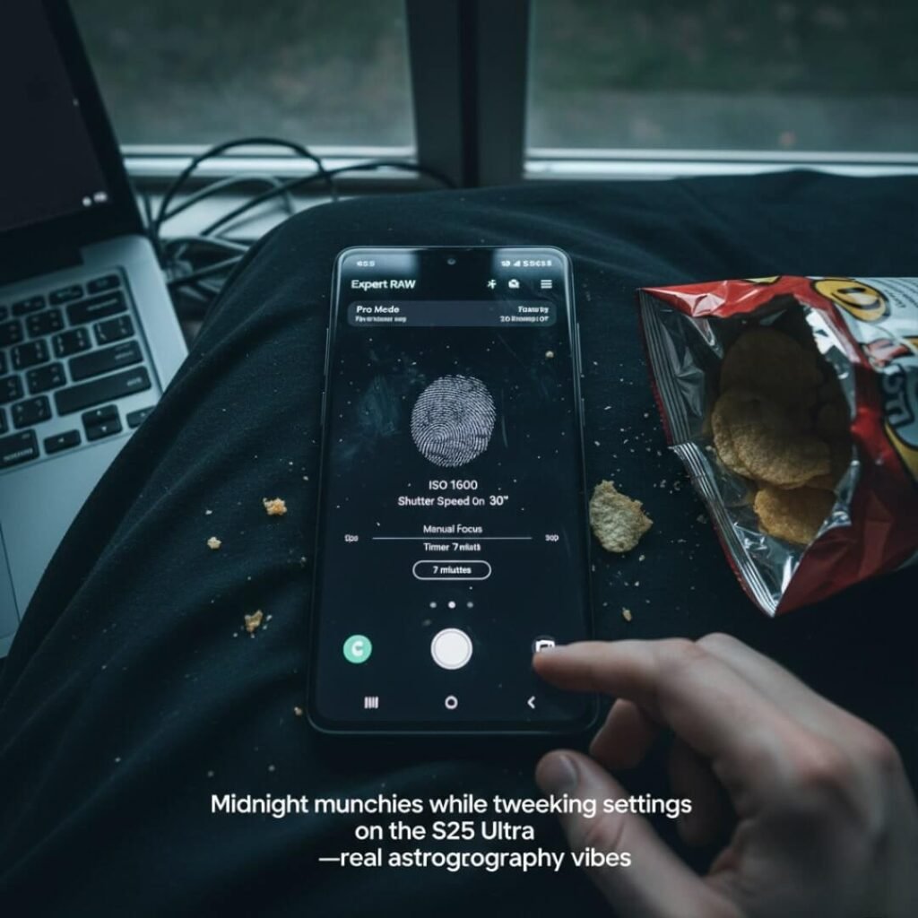 Slightly unusual overhead view of a phone screen showing Expert RAW astro settings, with my fingerprint-smudged display 