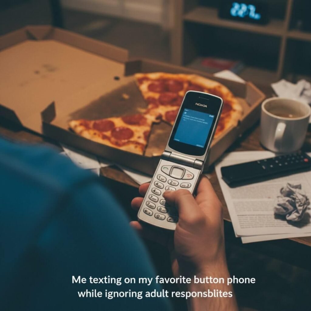 "Me texting on my favorite button phone while ignoring adult responsibilities."