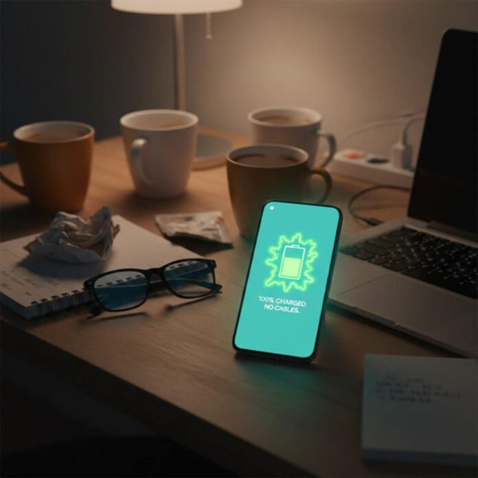 A phone screen with a neon-glowing full battery on a cluttered desk. A phone screen with a neon-glowing full battery on a cluttered desk.