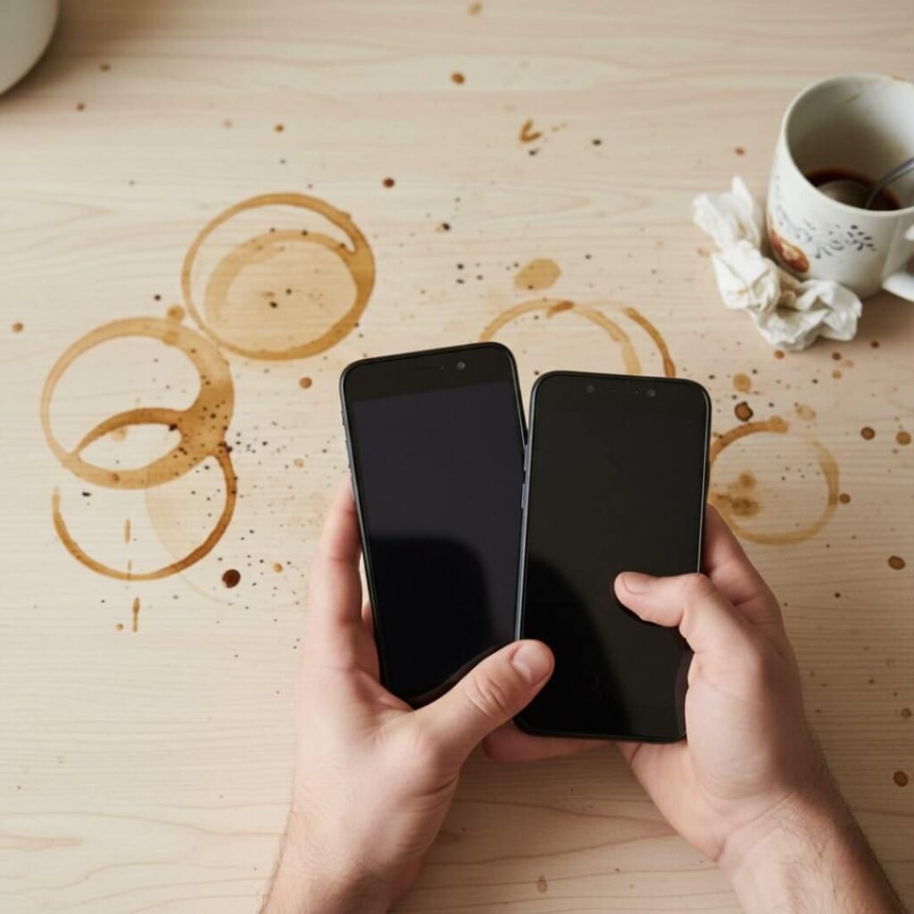 Hand holding two phones over a stained table.