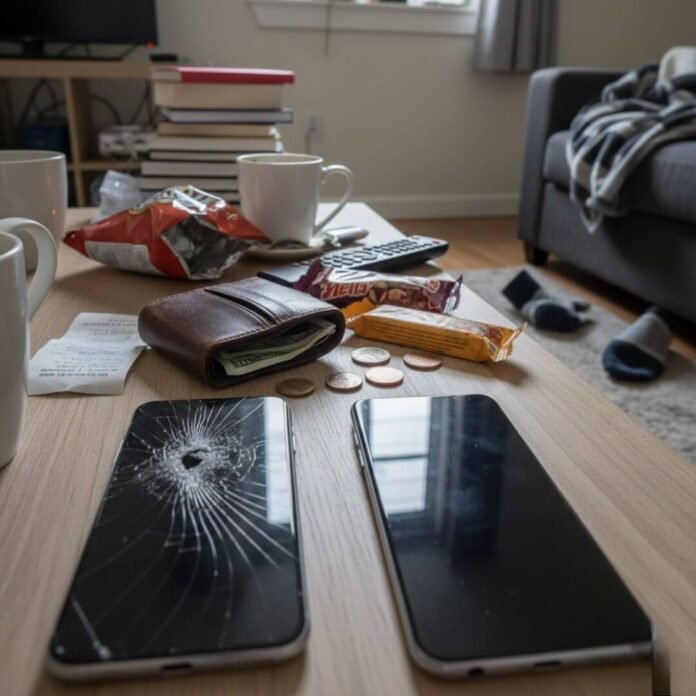Cracked and new phones on a messy coffee table.