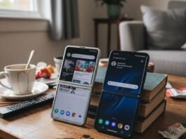 Motorola Razr vs Galaxy Z Flip: Which One Wins in 2025? Two open foldable phones on a messy coffee table.