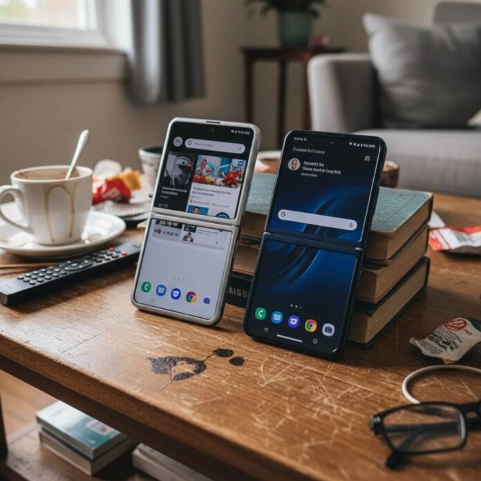 Two open foldable phones on a messy coffee table.