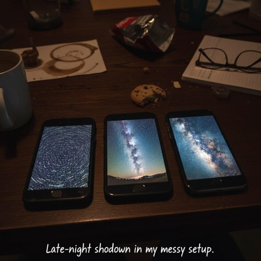 Close-up personal view of three phones side-by-side on my kitchen table at 2am,