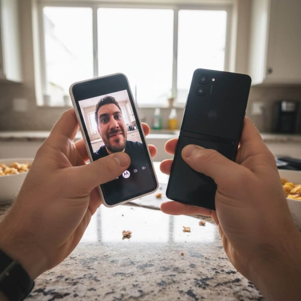 "Me trying (and kinda failing) to snap a quick selfie with the Razr's cover screen."