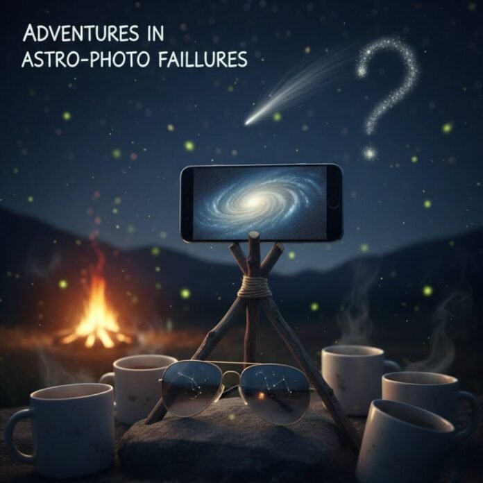 Smartphone on tripod captures Milky Way, coffee, comet.