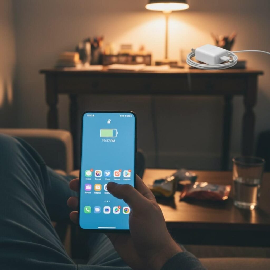 angle of a flagship phone at 85% battery after a full day of scrolling and calls, with a forgotten charger in the background