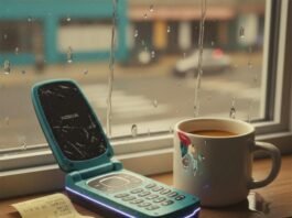 Best Button Phones in the USA: Retro and Reliable Choices Scratched Nokia flip phone, coffee, receipt on rainy windowsill.