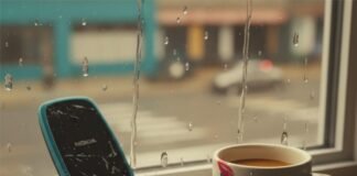 Best Button Phones in the USA: Retro and Reliable Choices Scratched Nokia flip phone, coffee, receipt on rainy windowsill.