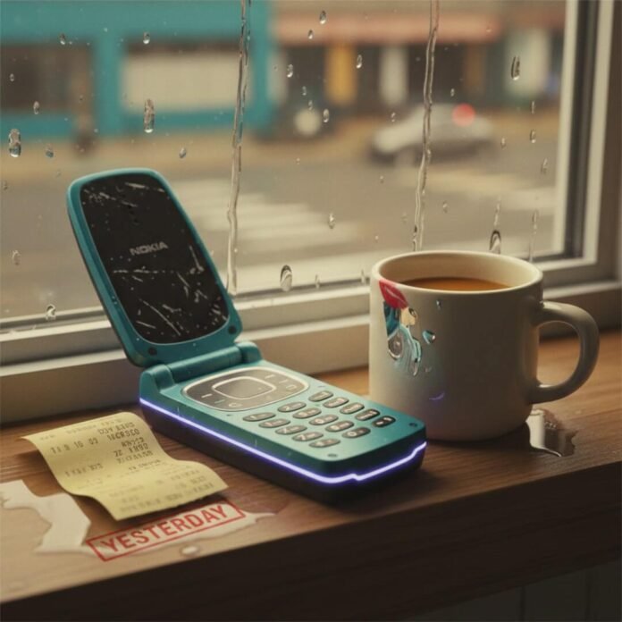 Scratched Nokia flip phone, coffee, receipt on rainy windowsill.