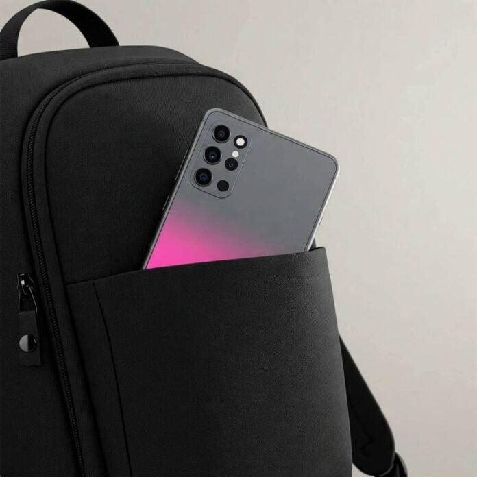 Compact foldable phone in pocket. Compact foldable phone in pocket.