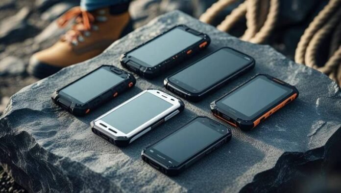 Assortment of durable rugged phones. Assortment of durable rugged phones.