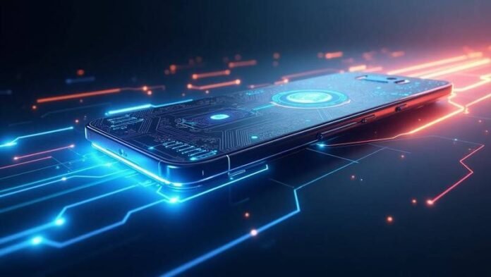 Futuristic high-performance Android phone with glowing circuits. Futuristic high-performance Android phone with glowing circuits.