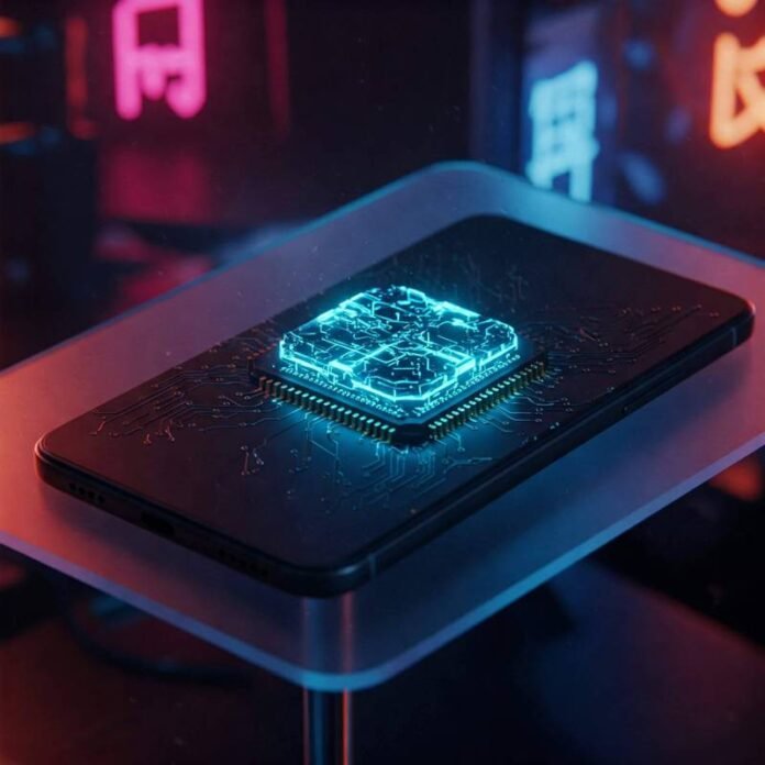 Glowing futuristic chip integrated into a smartphone Glowing futuristic chip integrated into a smartphone