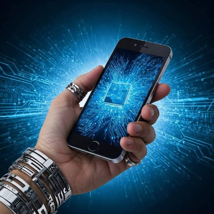 Hand holding phone, tech background, blue, silver Hand holding phone, tech background, blue, silver