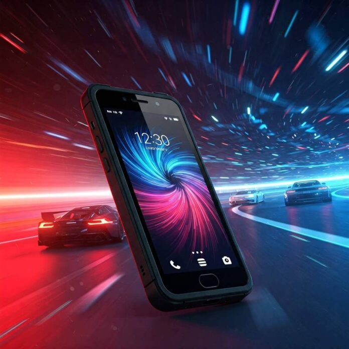 Compact smartphone on racetrack