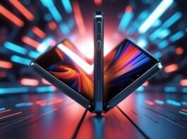 Foldable Phones 2025: Top Picks & The Future of Flexible Tech Futuristic foldable phone concept, vibrant colors, neon lights, tech background