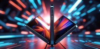 Foldable Phones 2025: Top Picks & The Future of Flexible Tech Futuristic foldable phone concept, vibrant colors, neon lights, tech background