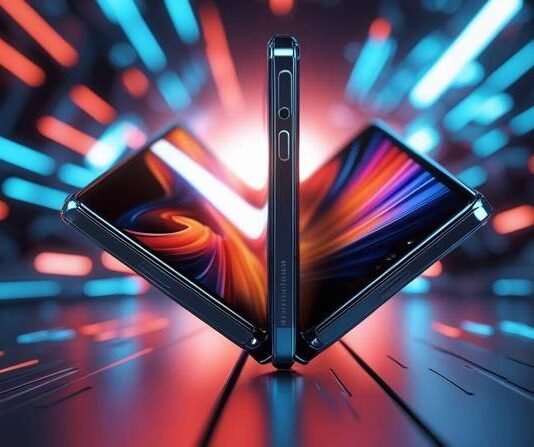 Foldable Phones 2025: Top Picks & The Future of Flexible Tech Futuristic foldable phone concept, vibrant colors, neon lights, tech background