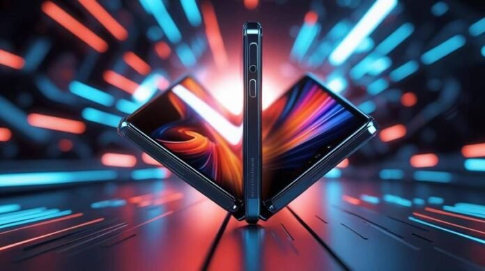Futuristic foldable phone concept, vibrant colors, neon lights, tech background Futuristic foldable phone concept, vibrant colors, neon lights, tech background