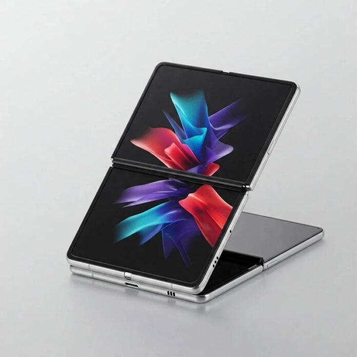 Black Samsung Galaxy Z Fold5, partially unfolded Black Samsung Galaxy Z Fold5, partially unfolded