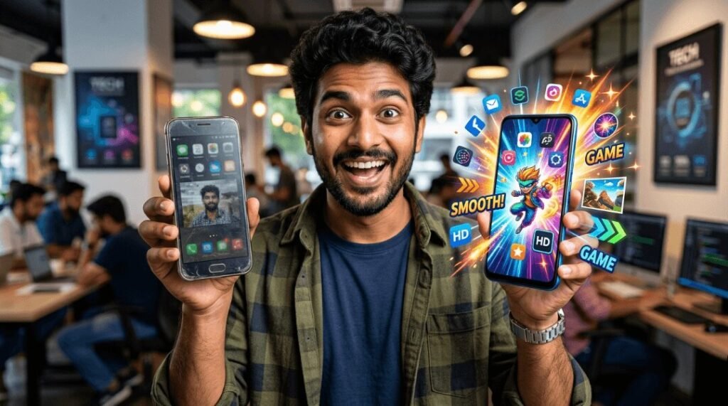A man happily holds an old phone and a modern gaming phone.