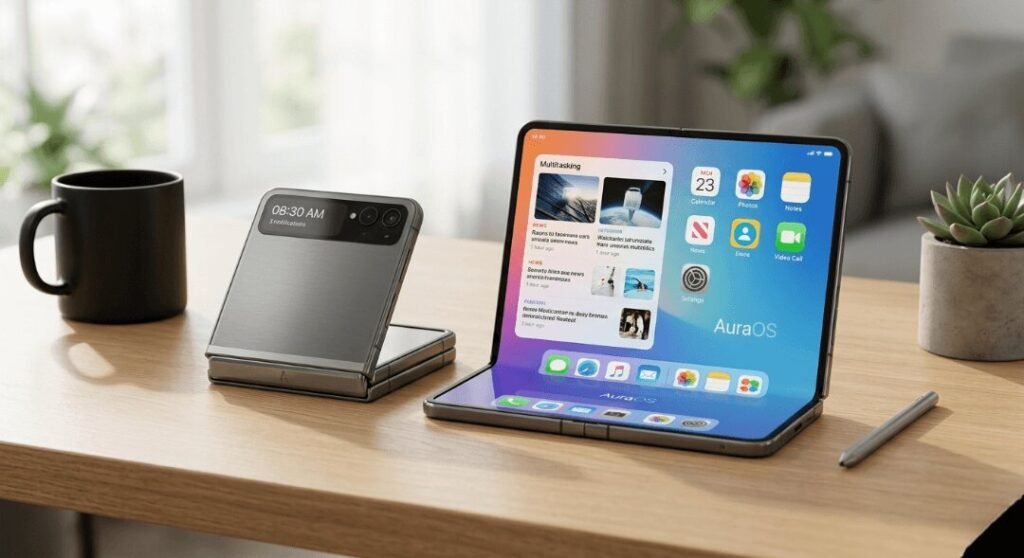 Folded and open smartphones on a minimalist wooden desk.